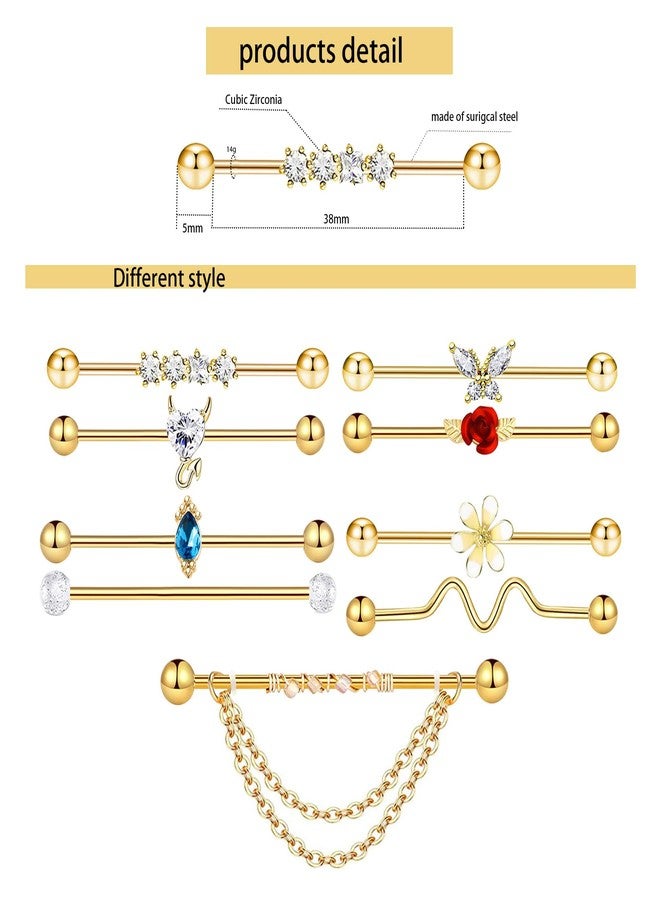 Suotarn 9pcs Gold Industrial Piercing Jewelry 38mm Stainless Steel 14G Industrial Barbell Earrings Ear Cartilage Helix-Conch Piercing Bar 1 1/2 Inch (golden) - Image 3